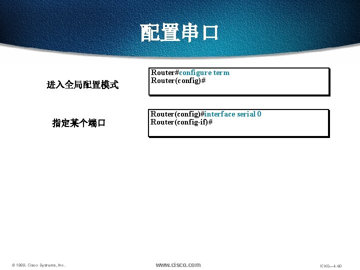 配置串口 进入全局配置模式 指定某个端口 © 1999, Cisco Systems, Inc. Router#configure term Router(config)#interface serial 0 Router(config-if)#