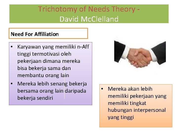 Trichotomy of Needs Theory David Mc. Clelland Need For Affiliation • Karyawan yang memiliki