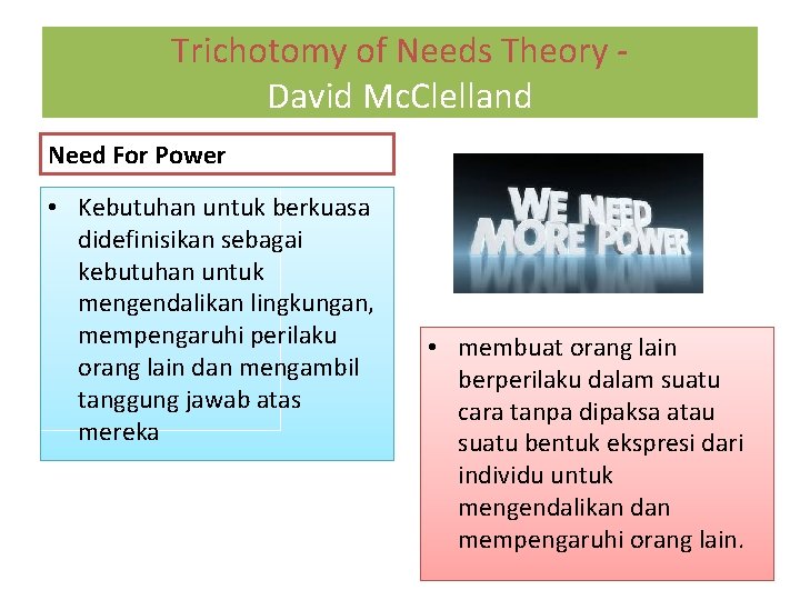 Trichotomy of Needs Theory David Mc. Clelland Need For Power • Kebutuhan untuk berkuasa
