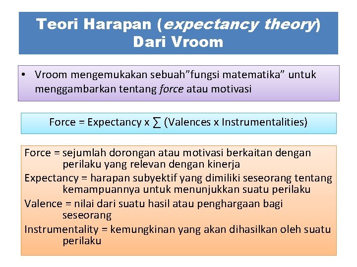 Teori Harapan (expectancy theory) Dari Vroom • Vroom mengemukakan sebuah”fungsi matematika” untuk menggambarkan tentang