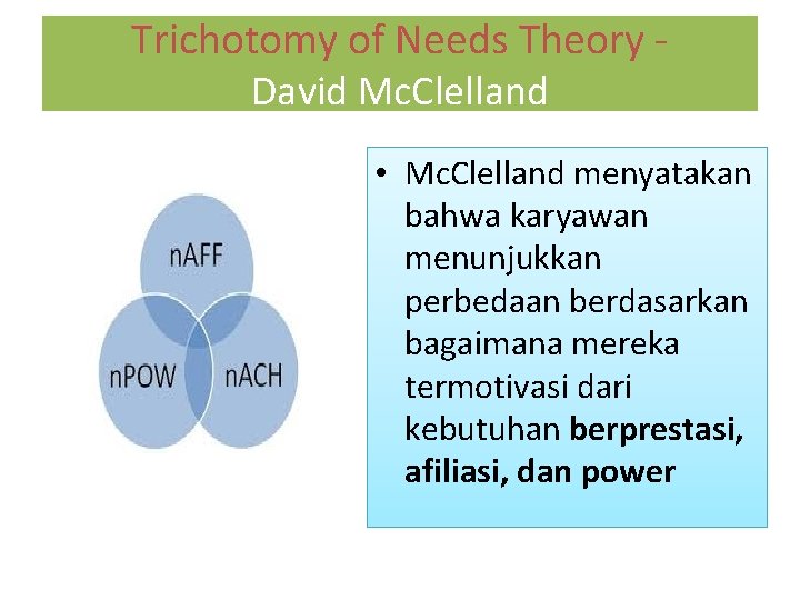 Trichotomy of Needs Theory David Mc. Clelland • Mc. Clelland menyatakan bahwa karyawan menunjukkan