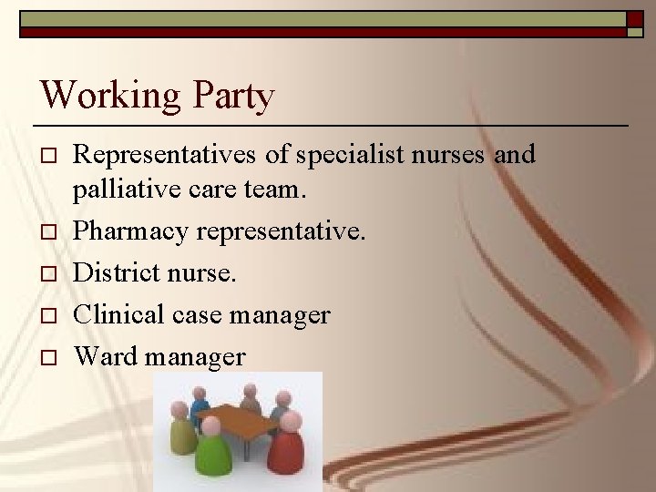 Working Party o o o Representatives of specialist nurses and palliative care team. Pharmacy