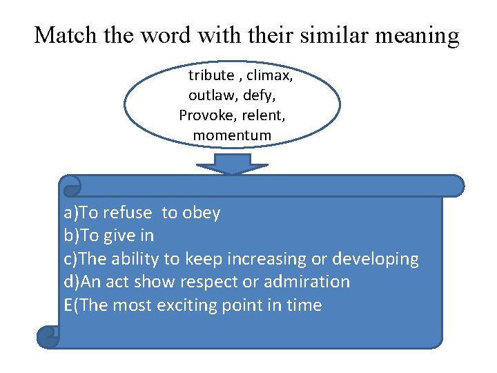 Match the word with their similar meaning Tritribute , climax, outlaw, defy, Provoke, relent,