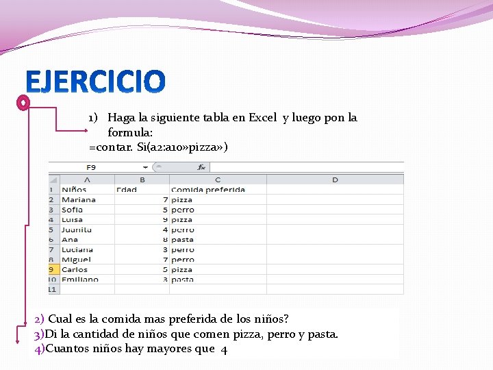 1) Haga la siguiente tabla en Excel y luego pon la formula: =contar. Si(a 1) Haga la siguiente tabla en Excel y luego pon la formula: =contar. Si(a