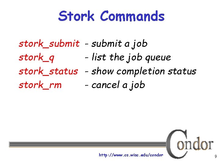 Stork Commands stork_submit stork_q stork_status stork_rm - submit a job - list the job