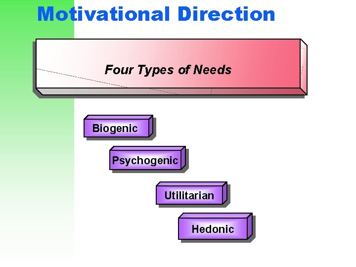 Motivational Direction Four Types of Needs Biogenic Psychogenic Utilitarian Hedonic 