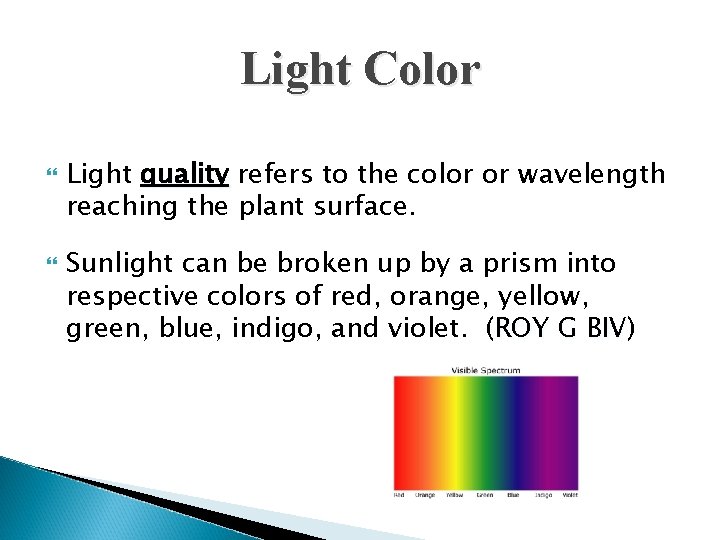 Light Color Light quality refers to the color or wavelength reaching the plant surface.