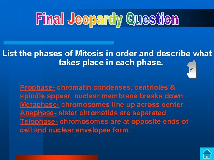 List the phases of Mitosis in order and describe what takes place in each