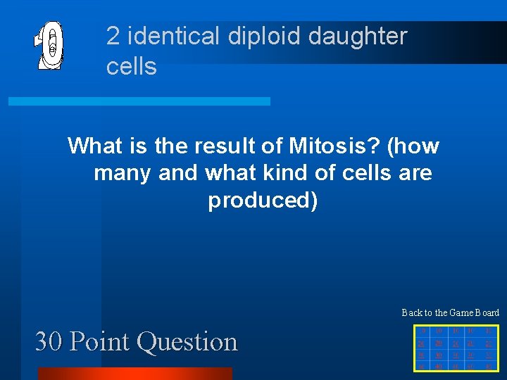 2 identical diploid daughter cells What is the result of Mitosis? (how many and