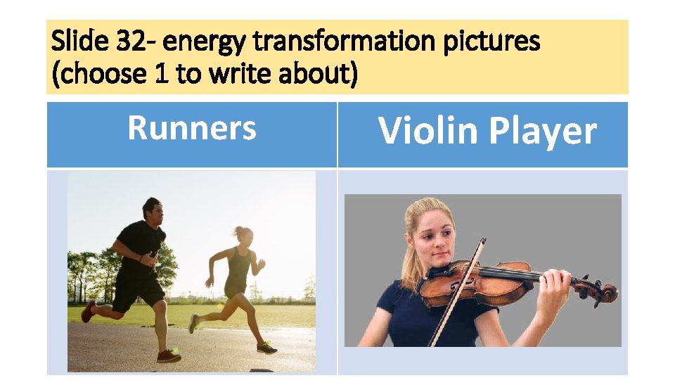 Slide 32 - energy transformation pictures (choose 1 to write about) Runners Violin Player