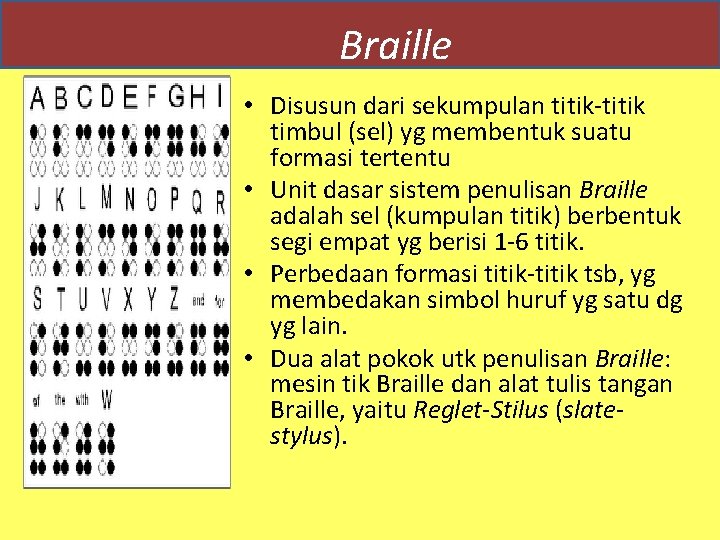 Braille • Disusun dari sekumpulan titik-titik timbul (sel) yg membentuk suatu formasi tertentu •