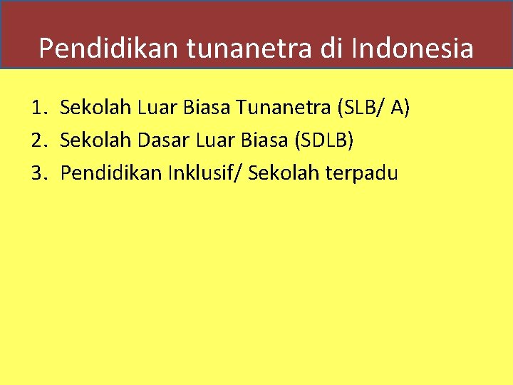 Pendidikan tunanetra di Indonesia 1. Sekolah Luar Biasa Tunanetra (SLB/ A) 2. Sekolah Dasar