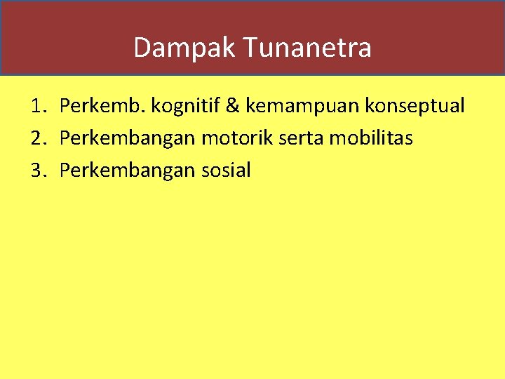 Dampak Tunanetra 1. Perkemb. kognitif & kemampuan konseptual 2. Perkembangan motorik serta mobilitas 3.