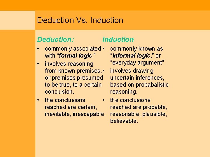 Deduction Vs. Induction Deduction: Induction • commonly associated • with “formal logic. ” •