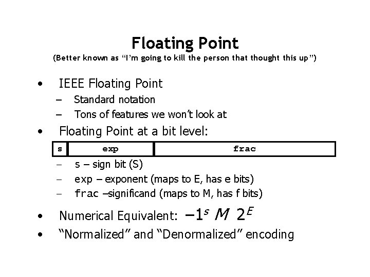Floating Point (Better known as “I’m going to kill the person that thought this