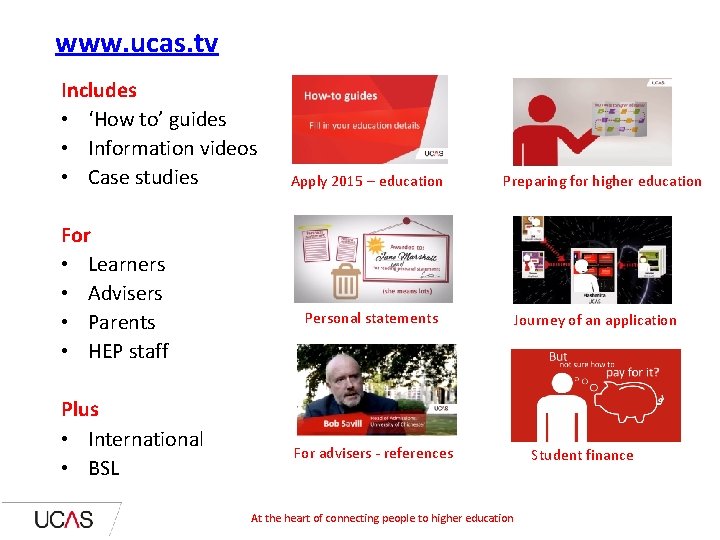 www. ucas. tv Includes • ‘How to’ guides • Information videos • Case studies