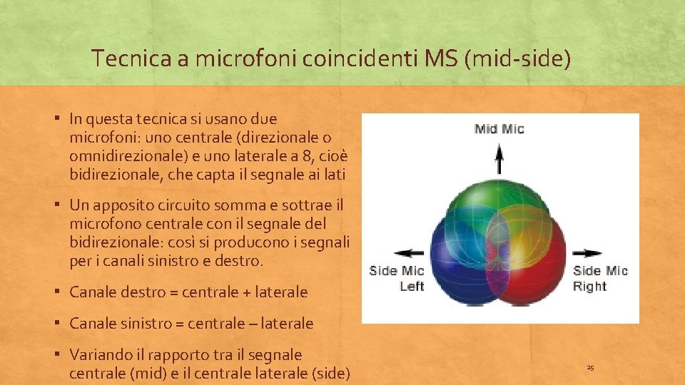 Tecnica a microfoni coincidenti MS (mid-side) ▪ In questa tecnica si usano due microfoni: