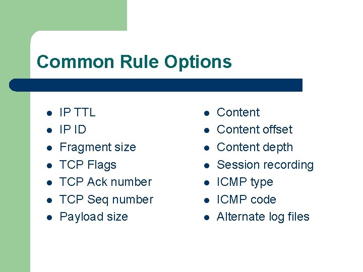 Common Rule Options l l l l IP TTL IP ID Fragment size TCP