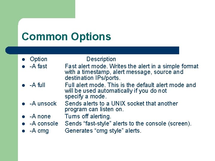 Common Options l Option -A fast l -A full l -A unsock l -A
