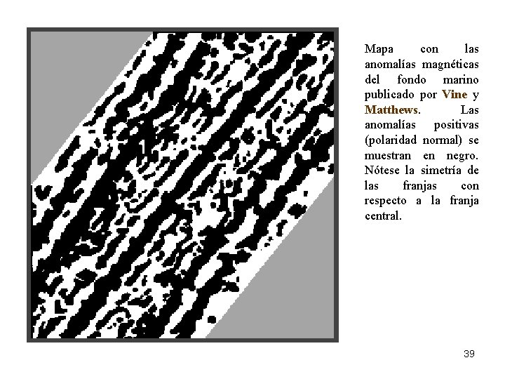 Mapa con las anomalías magnéticas del fondo marino publicado por Vine y Matthews. Las