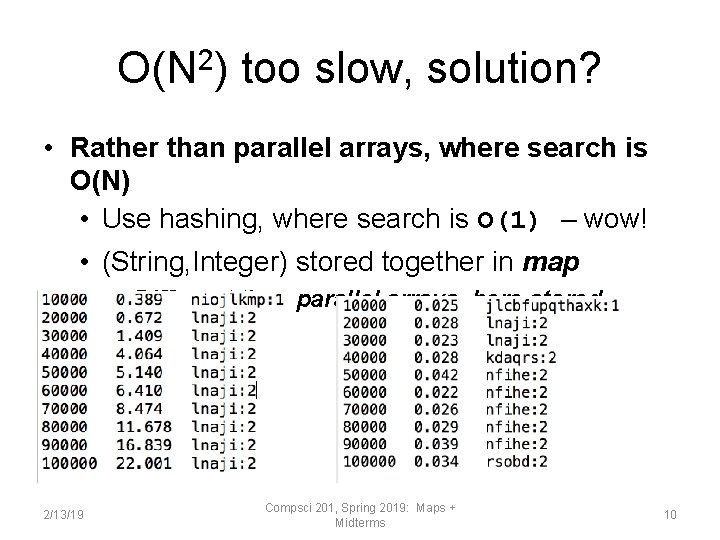 O(N 2) too slow, solution? • Rather than parallel arrays, where search is O(N)