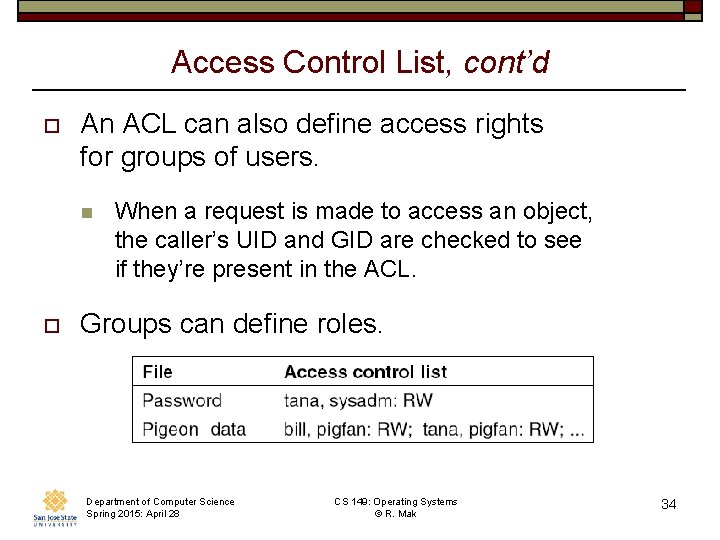 Access Control List, cont’d o An ACL can also define access rights for groups