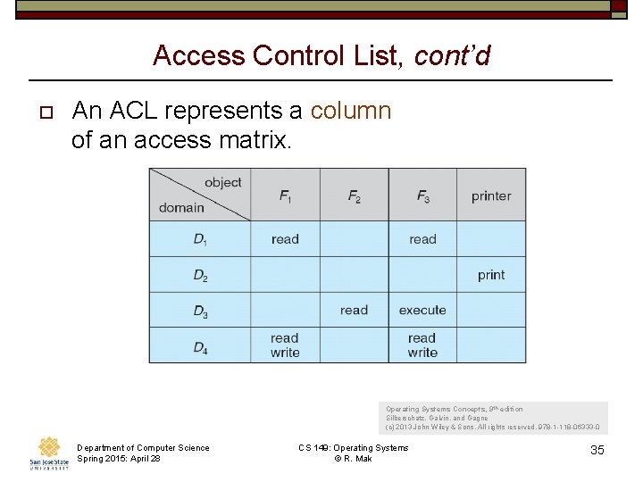 Access Control List, cont’d o An ACL represents a column of an access matrix.