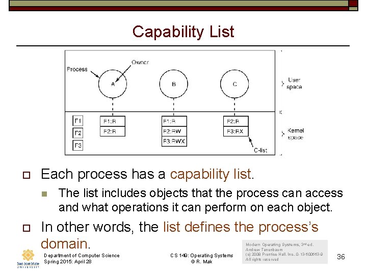 Capability List o Each process has a capability list. n o The list includes