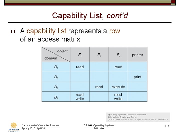 Capability List, cont’d o A capability list represents a row of an access matrix.