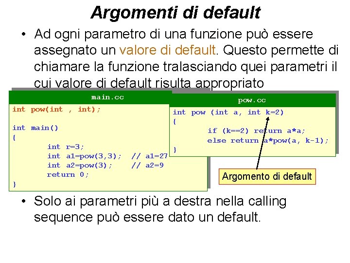 Argomenti di default • Ad ogni parametro di una funzione può essere assegnato un