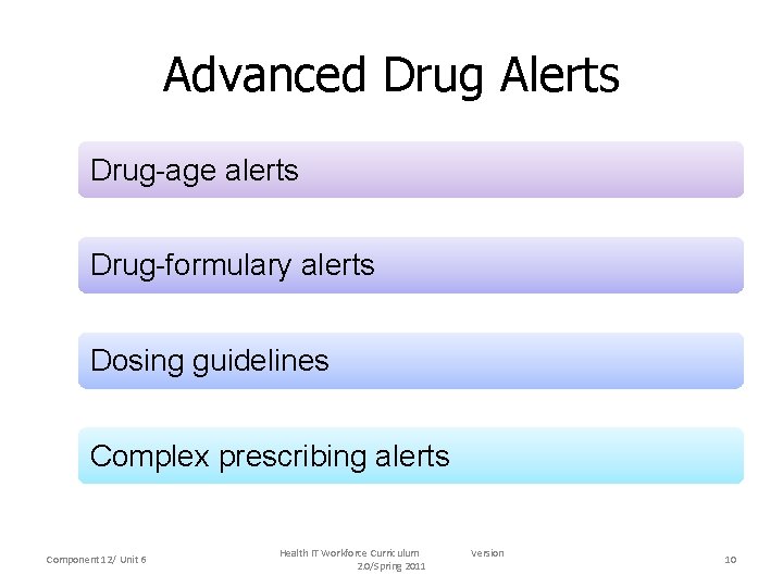 Advanced Drug Alerts Drug-age alerts Drug-formulary alerts Dosing guidelines Complex prescribing alerts Component 12/