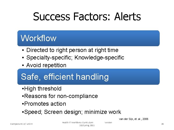 Success Factors: Alerts Workflow • Directed to right person at right time • Specialty-specific;