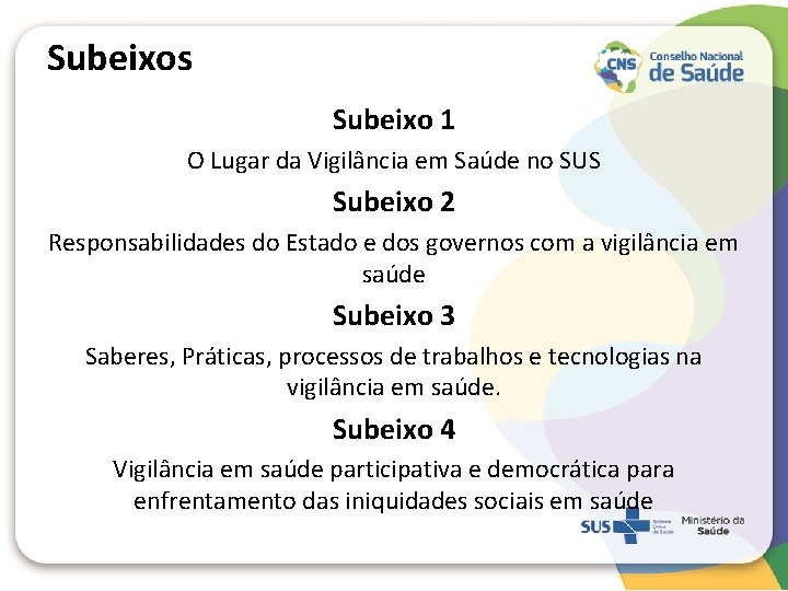 Subeixos Subeixo 1 O Lugar da Vigilância em Saúde no SUS Subeixo 2 Responsabilidades