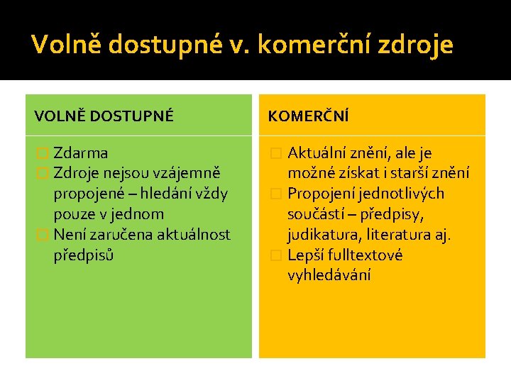 Volně dostupné v. komerční zdroje VOLNĚ DOSTUPNÉ KOMERČNÍ � Zdarma � Zdroje nejsou vzájemně