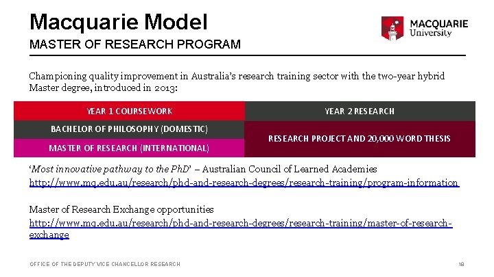 Macquarie Model MASTER OF RESEARCH PROGRAM Championing quality improvement in Australia’s research training sector