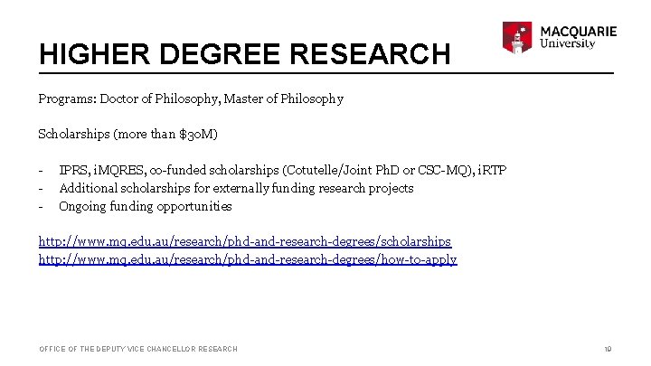 HIGHER DEGREE RESEARCH Programs: Doctor of Philosophy, Master of Philosophy Scholarships (more than $30