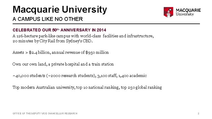 Macquarie University A CAMPUS LIKE NO OTHER CELEBRATED OUR 50 th ANNIVERSARY IN 2014