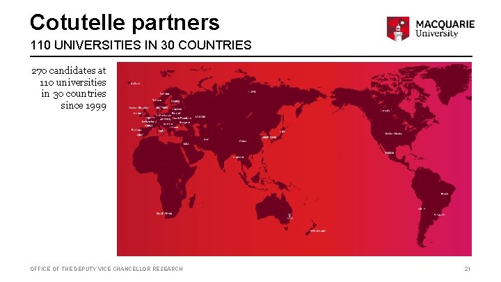 Cotutelle partners 110 UNIVERSITIES IN 30 COUNTRIES 270 candidates at 110 universities in 30