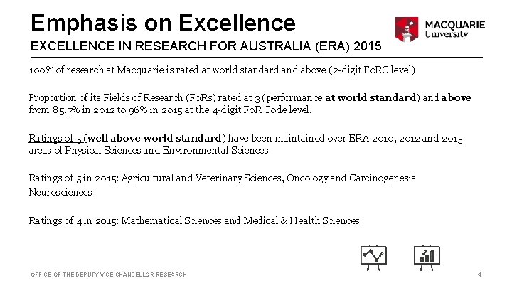 Emphasis on Excellence EXCELLENCE IN RESEARCH FOR AUSTRALIA (ERA) 2015 100% of research at