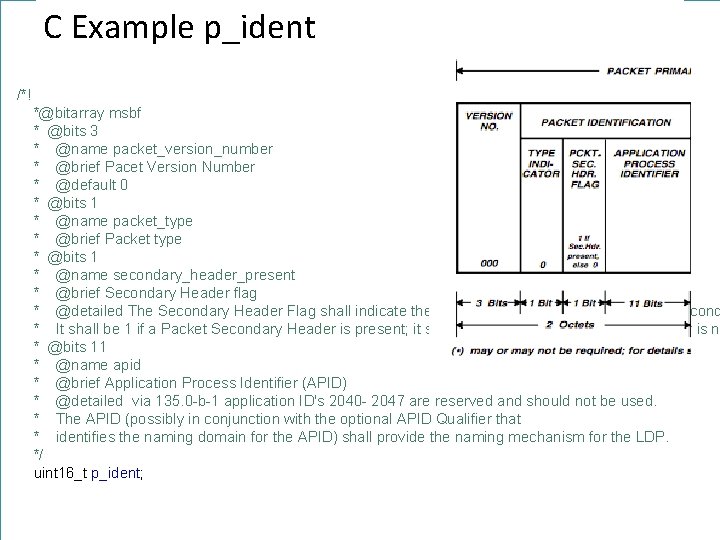 C Example p_ident /*! *@bitarray msbf * @bits 3 * @name packet_version_number * @brief