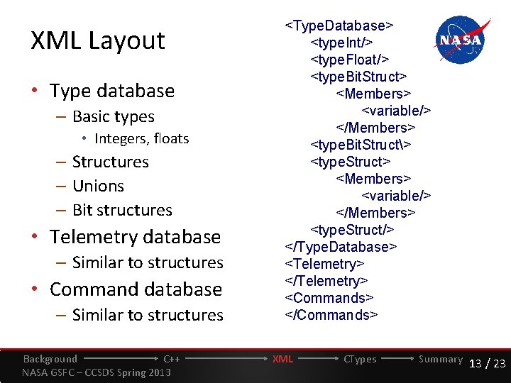 XML Layout • Type database – Basic types • Integers, floats – Structures –