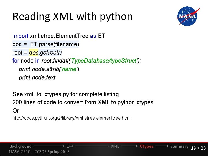 Reading XML with python import xml. etree. Element. Tree as ET doc = ET.