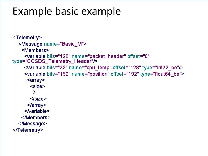 Example basic example <Telemetry> <Message name="Basic_M"> <Members> <variable bits="128" name="packet_header" offset="0" type="CCSDS_Telemetry_Header"/> <variable bits="32"