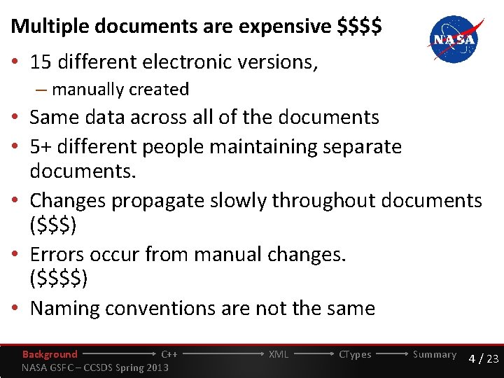 Multiple documents are expensive $$$$ • 15 different electronic versions, – manually created •