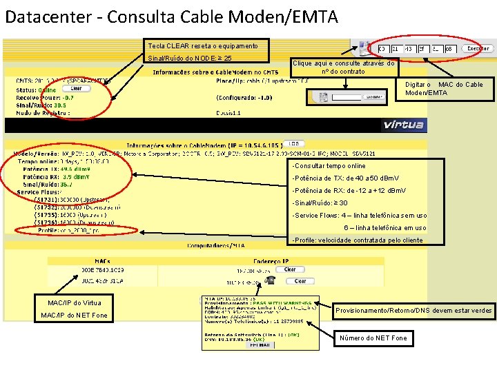 Datacenter - Consulta Cable Moden/EMTA Tecla CLEAR reseta o equipamento Sinal/Ruído do NODE: ≥