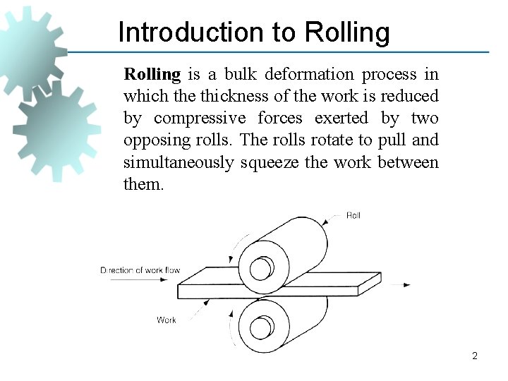 Introduction to Rolling is a bulk deformation process in which the thickness of the
