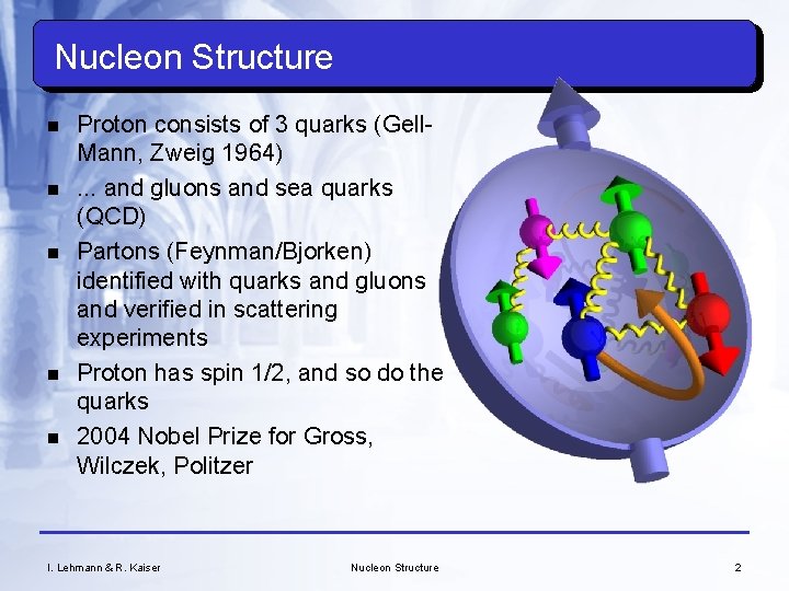 Nucleon Structure n n n Proton consists of 3 quarks (Gell. Mann, Zweig 1964).