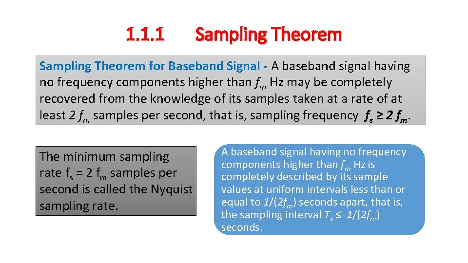 1. 1. 1 Sampling Theorem for Baseband Signal - A baseband signal having no