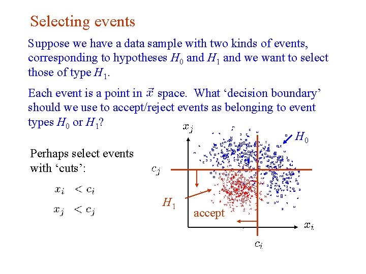 Selecting events Suppose we have a data sample with two kinds of events, corresponding