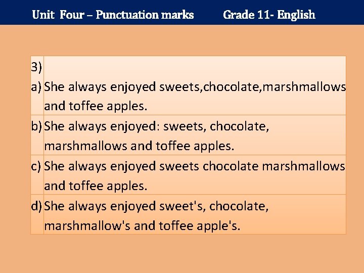 Unit Four – Punctuation marks Grade 11 - English 3) a) She always enjoyed